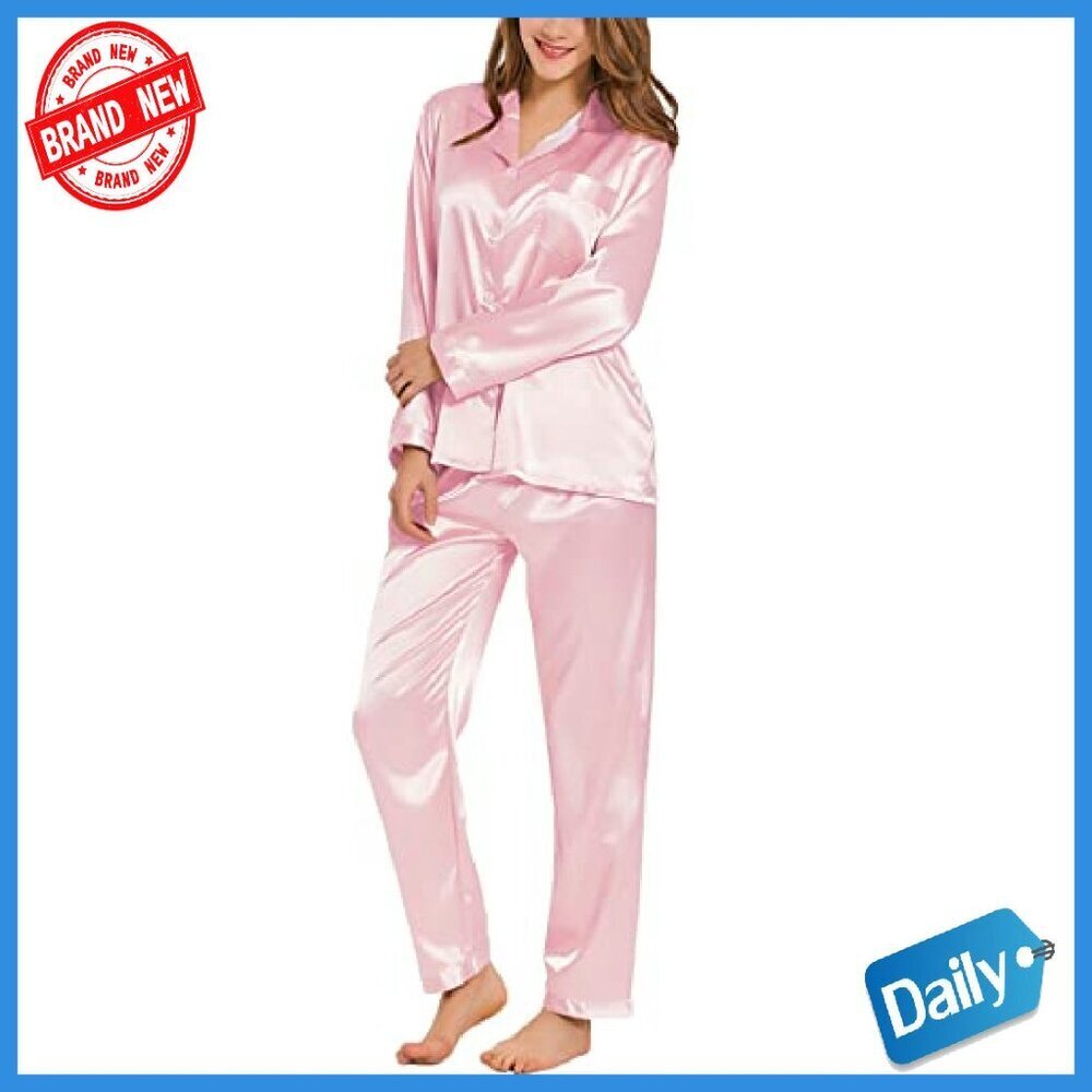 Long Sleeve Satin Pajama Set with Pocket, Button Down Sleepwear - Picture 2 of 8